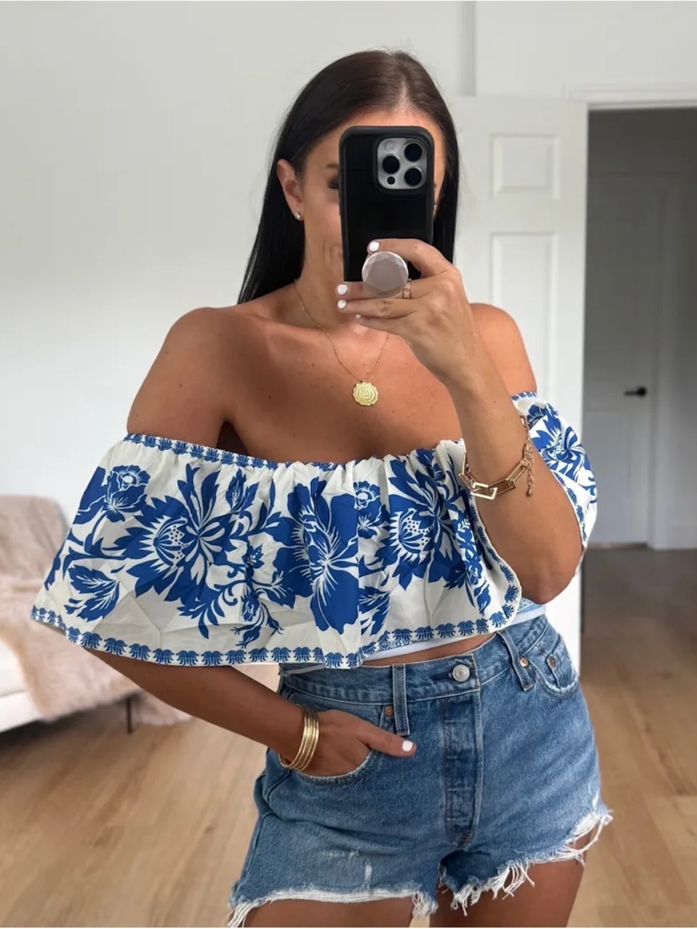 Off-Shoulder Blue Floral Crop Top